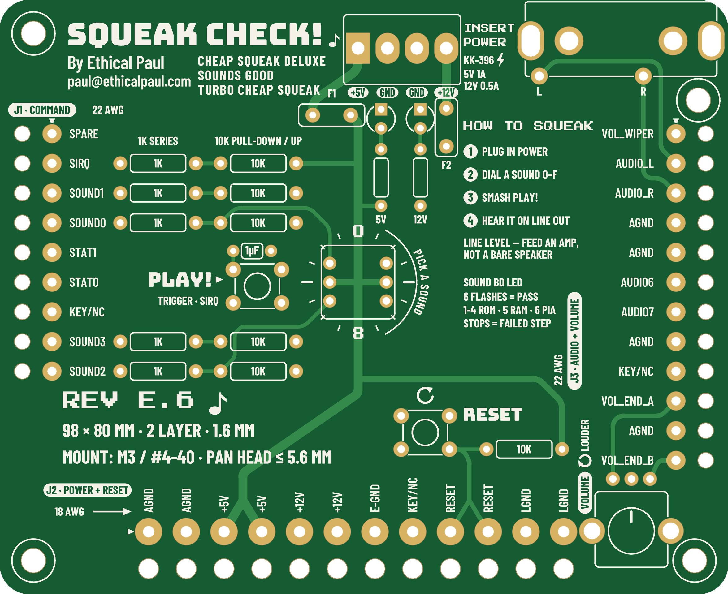Squeak Check Rev E.6, top side: hex dial, PLAY and RESET buttons, volume pot, fuses and rail LEDs, RCA jacks and three rows of harness solder holes, shown with green solder mask